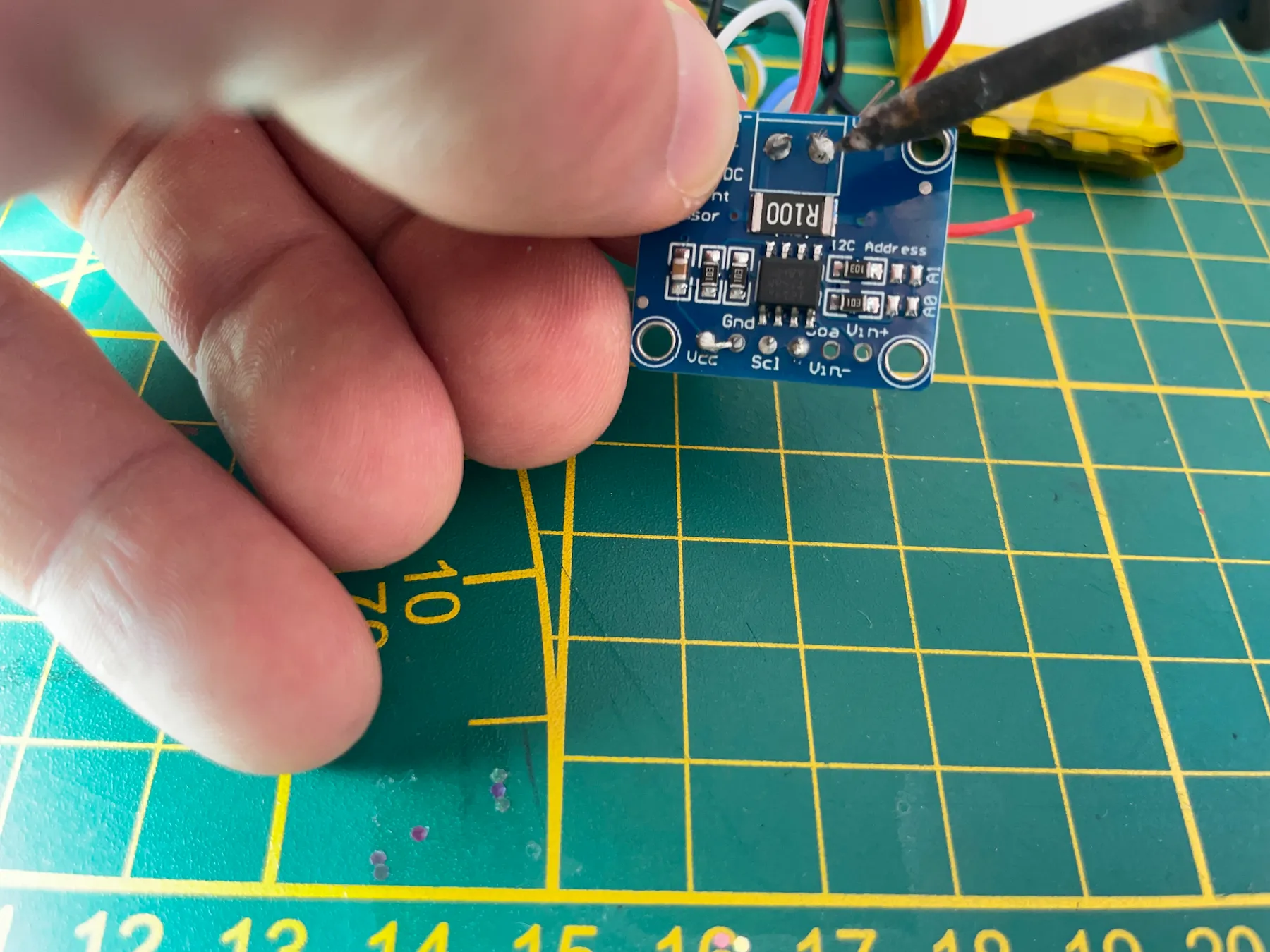 Soldering the INA219 board for the BREEZ power circuit